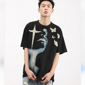 NWT‎ Supermade Oversized Unisex Y2K Acid Wash Heavy Tshirt Tee Butterfly E31